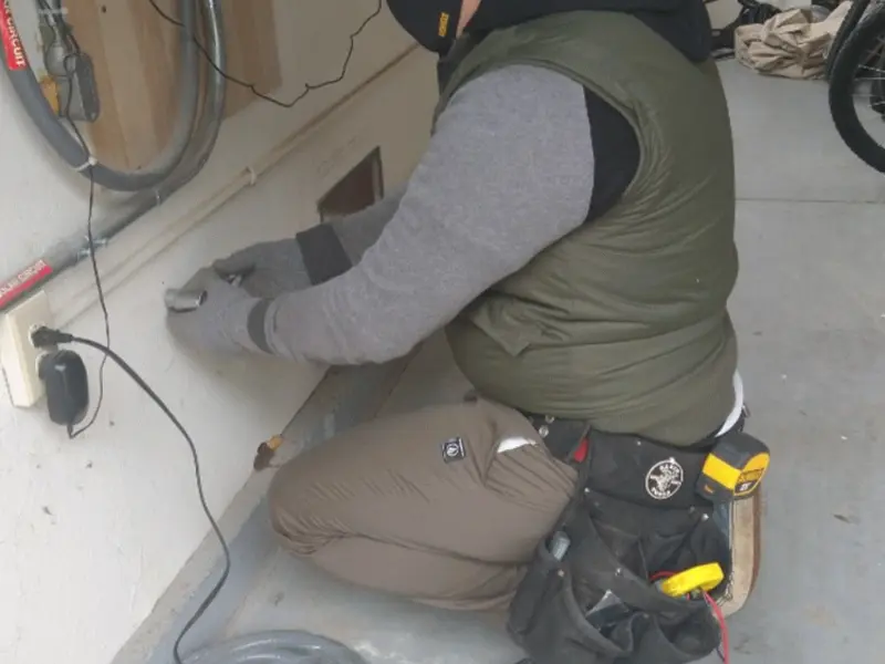 Electrician performing outlet wiring in a Grayling garage